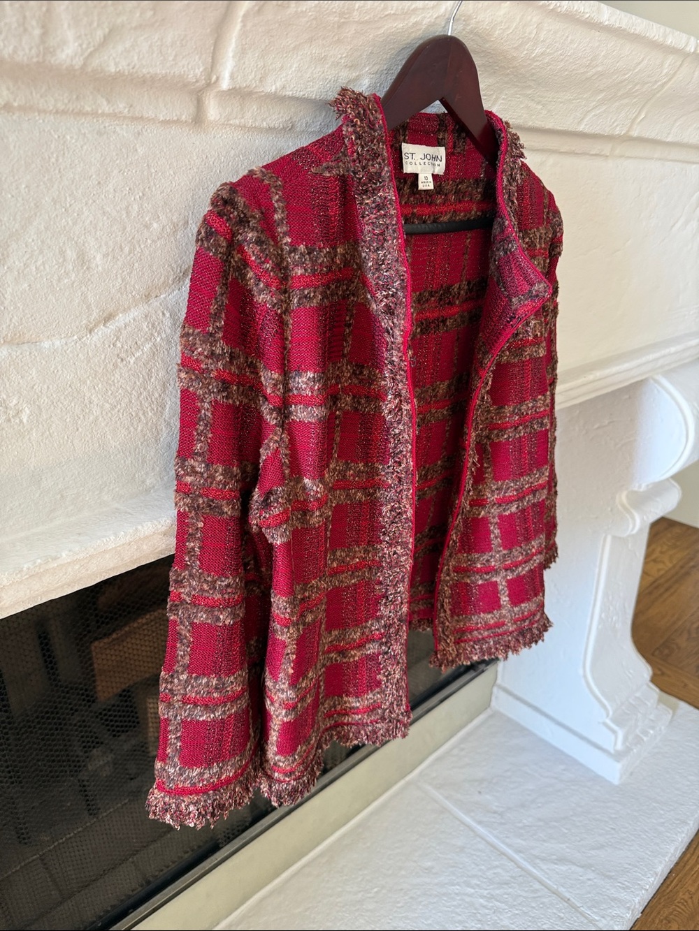 St. John Red & Brown Tweed Fringe-Trim Jacket - Picture 5 of 7